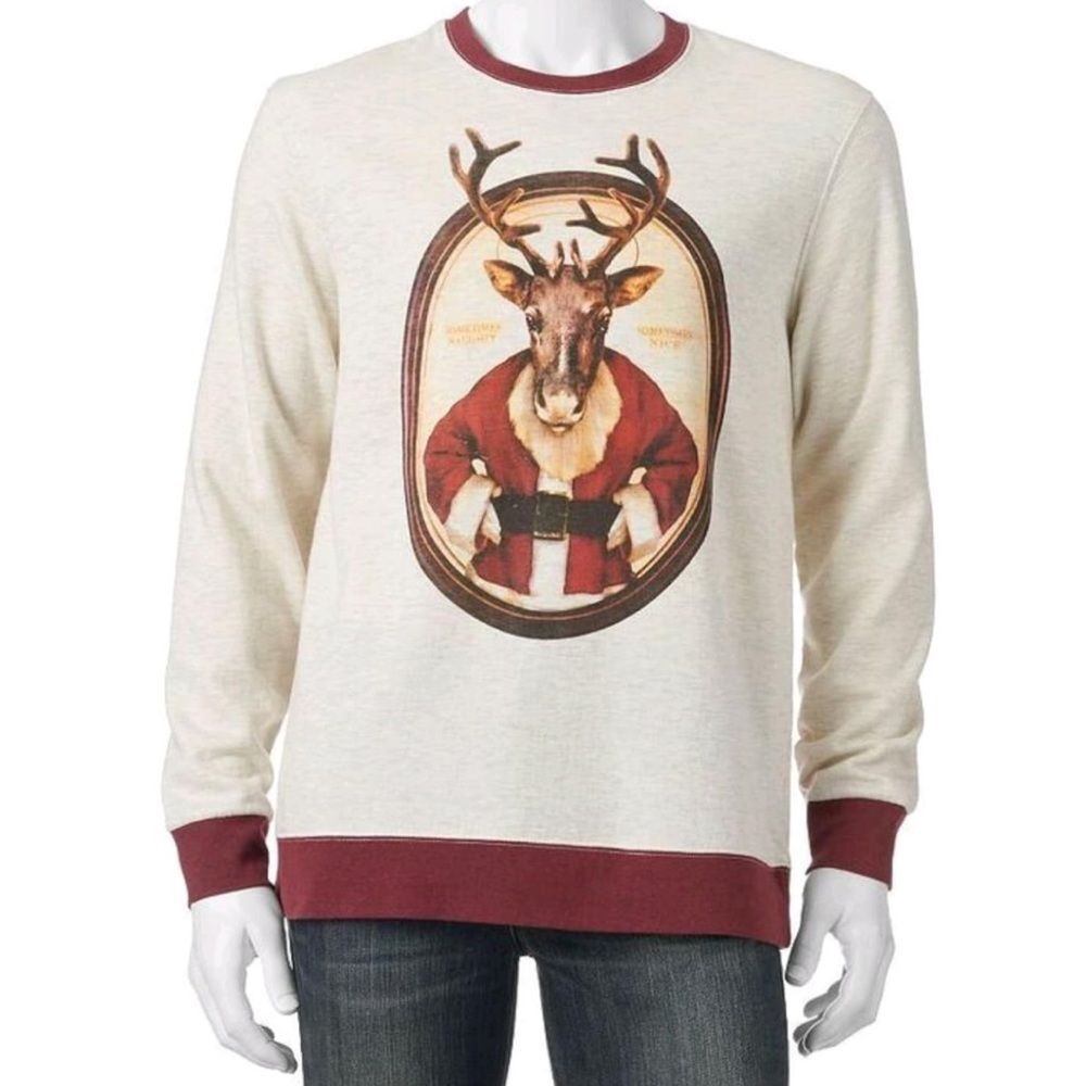 Reindeer Head Ugly Christmas Fleece Santa Graphic Sweatshirt NEW Size XL